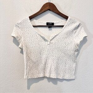 Coquette Cottagecore Ribbed Floral Henley Crop Top Soft Girl Aesthetic Ivory L